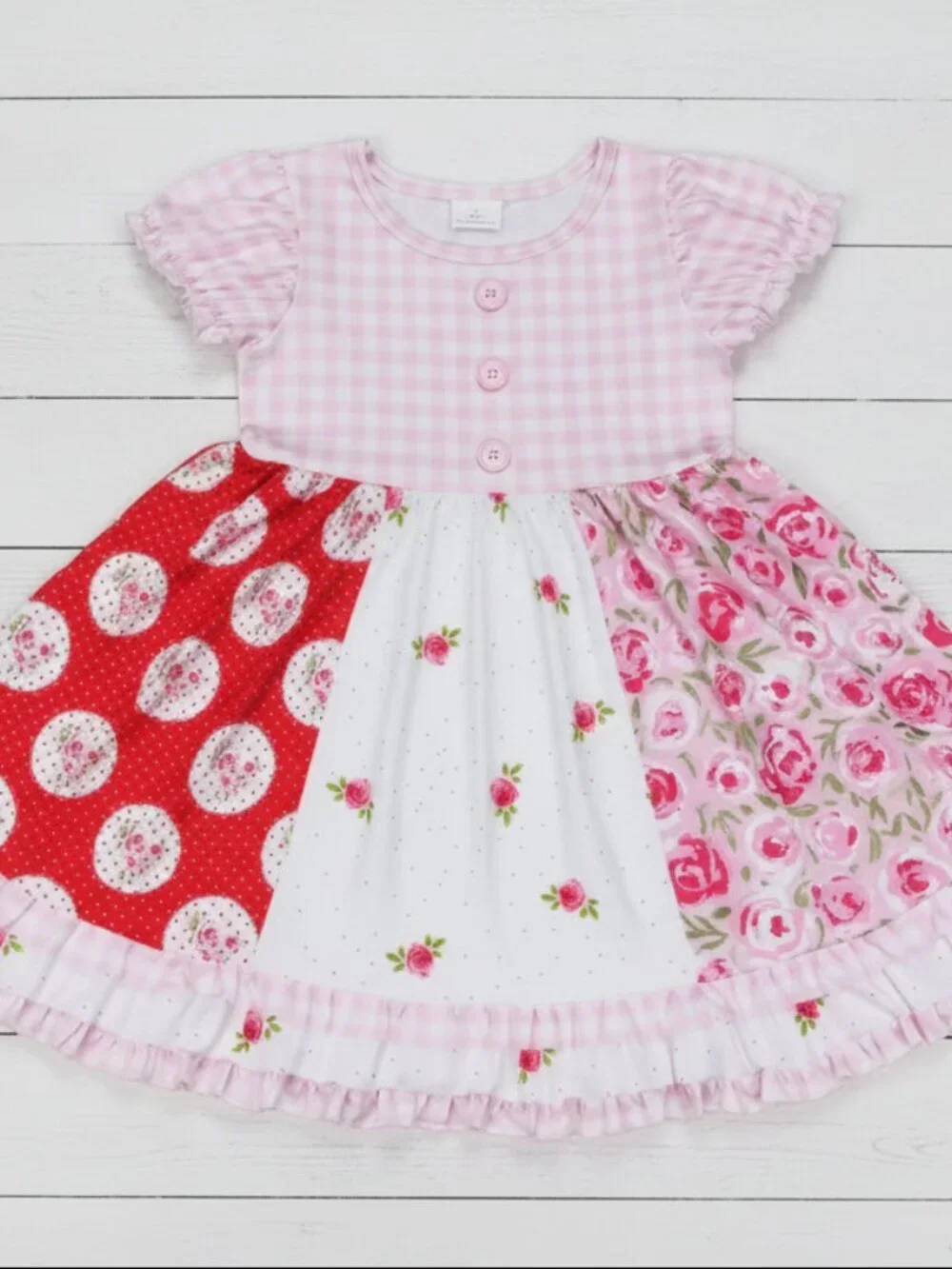 Pink Cabbage Rose Gingham Twirl Dress